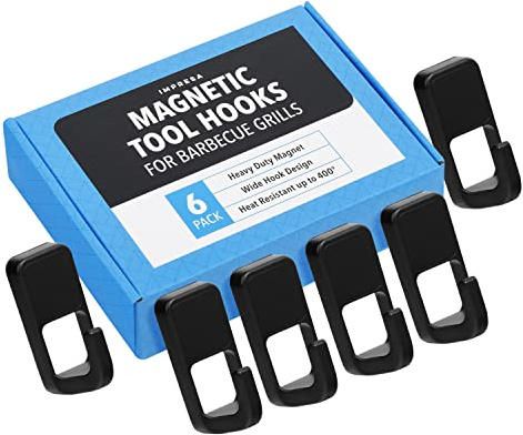 Impresa Heavy-Duty Magnetic Grill Tool Holders 6-Pack - Black, Rectangular Aluminum - Effortless No-Screw Setup & Magnetic Hooks - Heat-Resistant Design & Grill Magnets