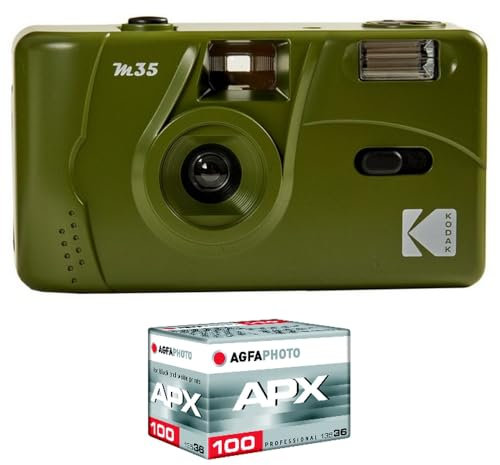 KODAK Pack M35 Argentique + Pellicule 100 ASA - Appareil Photo Kodak Rechargeable 35mm Olive Green, Objectif Grand Angle Fixe, Viseur optique , Flash Intégré + Pellicule APX 100, 36 poses
