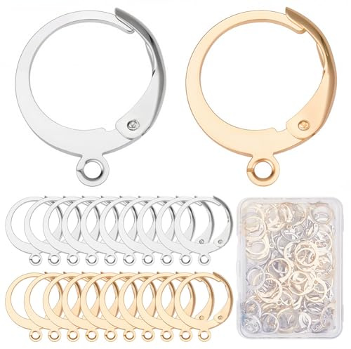 SUNNYCLUE 1 caja de 80 piezas 40 pares de Ganchos para Pendientes de Palanca Trasera de Acero Inoxidable Chapado En Oro de 18 quilates con Cierre de Palanca Redonda para Hacer Joyas, Accesorios para P