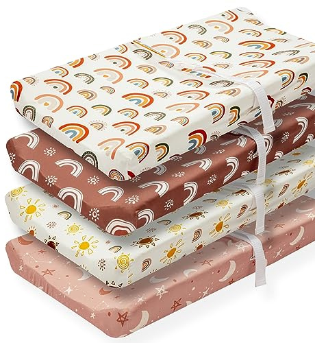 4 Pack Boho Nursery Sheets - Sunshine and Rainbow Design, Neutral Unisex Fitted Baby Changing Pad Cover Sheets for Baby Boys or Girls