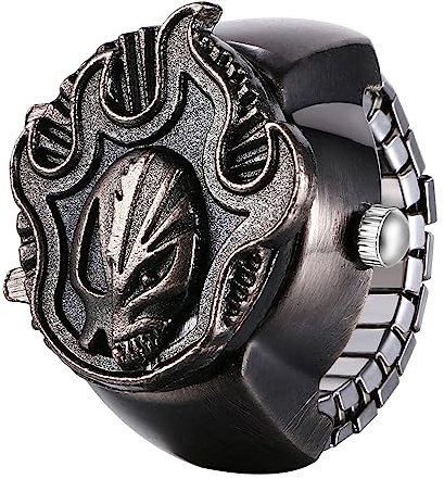 JewelryWe Herren Ringuhr Fingeruhr Analog Quarz Uhr Elastisch Totenkopf Schädel Ring Band Edelstahl Uhr Uhrenring
