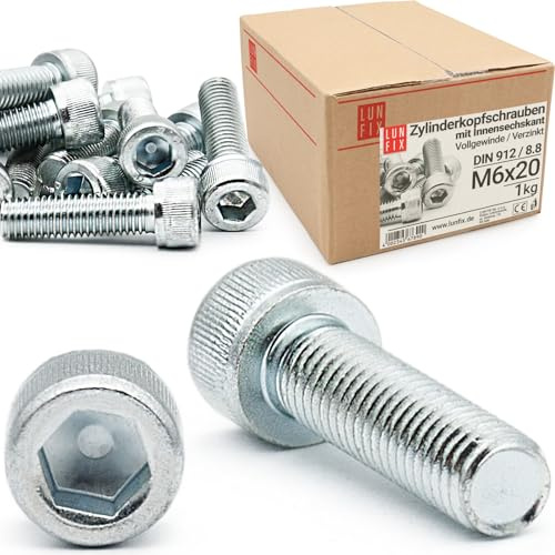 LUN FIX Zylinderkopfschrauben M6 x 20 mm 1kg ca. 150 Stk DIN 912 ISO 4762 | 8.8, Vollgewinde, Innensechskant, verzinkt Maschinenschrauben für Metallbau Maschinenbau Industrie Konstruktion