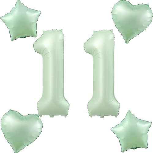 Olive Grün Luftballons Zahl 11+4 pcs herz/stern Folienballon Zahl 11 .Geburtstag mädchen,40 Riesenzahl Ballons 11.geburtstagsdeko Jungen,Zahlenballon 11, Helium Ballons 11 Zahlen Luftballons