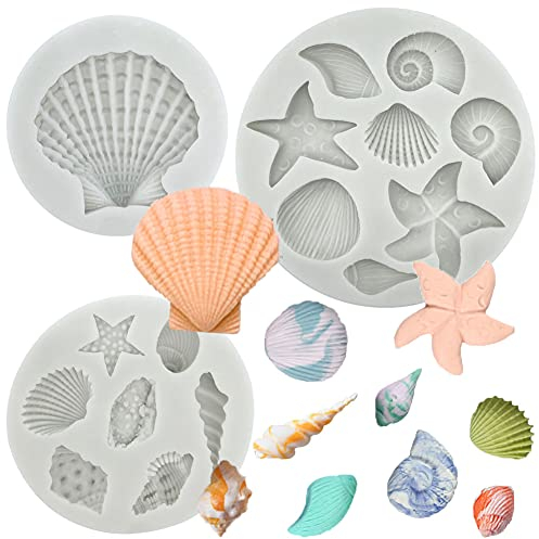 3 PCS Marine Theme Cake Fondant Silicone Mold Seashell Conch Starfish Coral Baking Molds for DIY Cake Decoration Chocolate Candy Polymer Clay Crafting Projects…