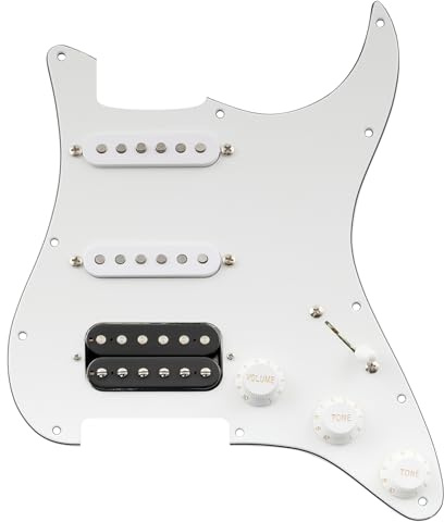 Musiclily Pro HSS Auto-Split Pre-wired Loaded Pickguard ST Gitarren Vorverdrahtetes Schlagbrett mit Artec Staggered Alnico 5 Humbucker Tonabnehmer für Strat Style E-Gitarre, 3-lagig Weiß