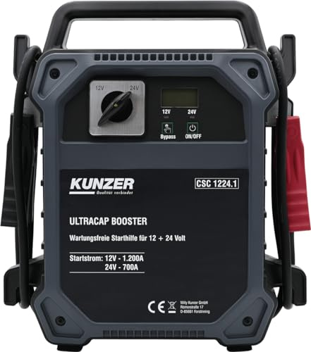 KUNZER CSC 1224.1 Wartungsfreie Starthilfe 12V und 24V, batterielos | Ultrakondensatortechnik, Batterie-Startgerät, 950 mm Startkabel, Bietet Startstrom 24 V: 700 A, Ladezustandsanzeige