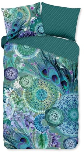 Hip Satin Wende-Bettwäsche Kari natürlich 100% Reine Baumwolle | Bettwäsche Set blau grün mit Pfauenfedern Mandalas | 135 cm x 200 cm Azur-blau
