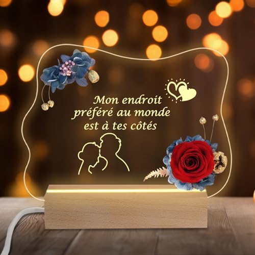 Miofula Cadeau Anniversaire Femme Rose Éternelle, LED Veilleuse Acrylique Cadeau Saint Valentin, Noel pour Amoureux, Mari, Petite Amie, Couple