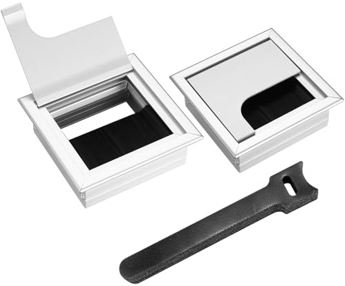 2 Stück Kabeldurchführungen Kabeldurchlass, Kabelkanal Schreibtisch mit Bürstendichtung Aluminium, mit 10 Stück Kabelbindern. (Silber, 80x80mm)