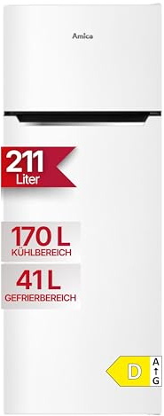 Amica Kühl-Gefrierkombination 211 L 142,8x54x55,1 cm DT 374 170 W | 170 L Kühlteil, 41 L Gefrierteil, Automatische Abtauung, LED Beleuchtung, Gemüseschublade, Wechselbarer Türanschlag