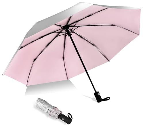 HEXSOLID 46/42inch Strongest Windproof Travel Umbrella Auto Open Close Folding Compact Durable Umbrella for Rain and Wind 210T Fabric 8 Strong Fiberglass Frame (Silver/Pink, 46inch)