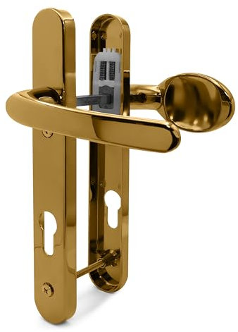 TSS Polished Brass UPVC Door Handle Pair Set, Sprung, 92mm PZ (Centres), Lever Moveable Pad, 122mm Screw to Screw (Screw centres), Backplate 245mm x 34mm - Replacement PVC Door Handle Polished Brass