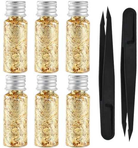 HSKRKOW 6 Pezzi Bottiglie Oro Alimentare, Foglia Oro Decorazione Per L'Uso Alimentare Perfetta Per Dolci Vino Gelati Uso In Cucina Fai Da Te, Decorazioni Torta Con 2 Pinzette