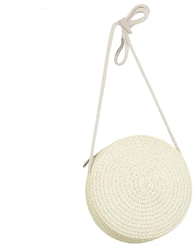 Jamron Handgefertigte Rund Strohtasche Crossbody Umhängetasche Böhmische Strandtasche mit Reißverschluss