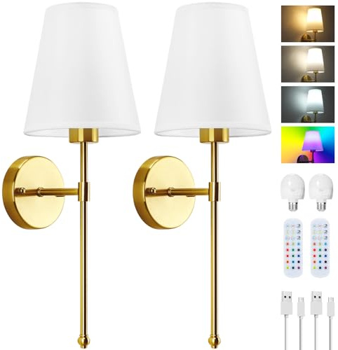 Lightess 2 Battery Operated Wall Lights, Rechargeable Wall Lights Dimmable | 3 Temps RGB Wireless wall lights, Wall sconce lights Indoor with Remote Control for Bedrooms Living Room Cordless Sconce