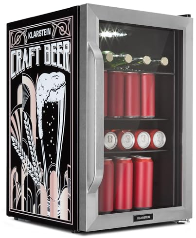 KLARSTEIN Nevera 70L, Minifrigorífico silencioso con estantes extraíbles, puerta de cristal y LED, Apta para exteriores, 0-10°C