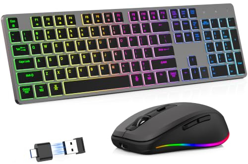 Ensemble clavier et souris sans fil avec clavier rétroéclairé RVB et touche silencieuse rechargeable