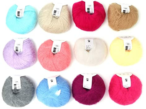 Mohair-Garn zum Häkeln, Angora-Garn, Merinowolle, Garn zum Stricken, Drops Kid Silk Mohair-Garn, Wolle, Kaschmir-Mohair-Mischgarn, beliebte weiche Strickwolle für DIY-Weben (1 set of twelve colors)