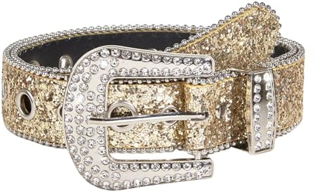 Eterspr Glitter, västerländsk cowboy-stil, bälte, lyxigt, läder med strass, stort spänne för jeansklänning, bälte för jeans, byxor (guld), Guld, 130cm*3.8cm/40.55in*1.49in