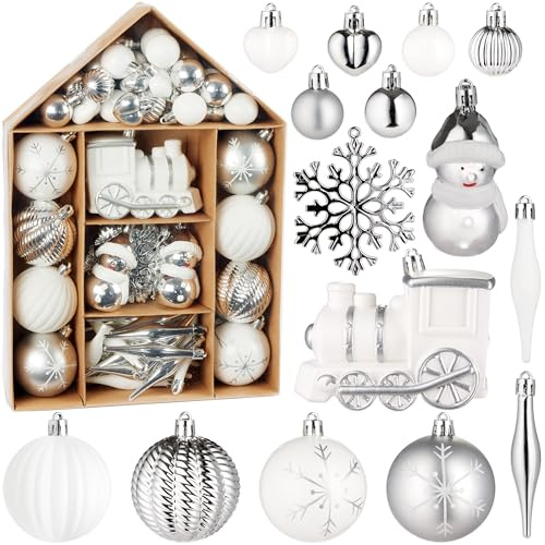 BRUBAKER 70 Stück Christbaumschmuck - Weihnachtskugel Set mit Lokomotive, Schneemänner, Kugeln, Herzen und Schneeflocken - Baumkugel Baumschmuck - Anhänger für Weihnachtsbaum - Weiß Silber