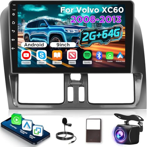 2+64G for Volvo XC60 2008-2013 Android Car Stereo with Wireless Carplay and Android Auto - 9 Inch HD Touchscreen Radio with EQ DSP, GPS, WiFi, FM/RDS + AHD Rear View Camera