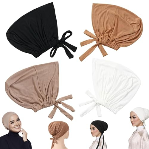 Wonuante Hijab da Donna,4 pz Turbant da Donna,Cappello copricapo,Hijab Regolabile,Musulmano Foulard da Mancare Sottotaso,Hijab Traspirante Berretto con Cravatta,Fazzoletti da Testa per Mancare