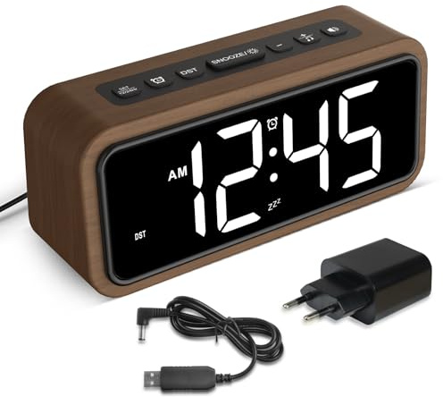 Wecker Laut für Tiefschläfer, Digitalwecker Holz mit LED Anzeige, 12 Alarm-Klingeltöne, 5 Helligkeit Einstellbar, 5 Lautstärken, Manuelles DST, Braun Wecker Retro für Schlafzimmer (Walnuss-Weiß)