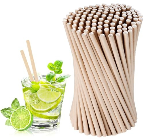 Thirei Papperssugrör, sugrör papper diameter 6 mm 19,7 cm, lämplig för cocktails, kaffe och fester, 200 stycken, brun