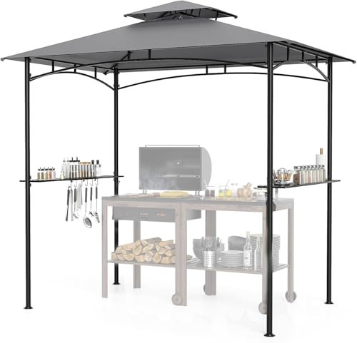 GYMAX Gazebo da Griglia 242 x 150 cm, Padiglione da Picnic per Esterni con Tetto a 2 Livelli, 2 Ripiani Laterali, 6 Ganci, 8 Pali da Terra, Tenda per Barbecue con Struttura in Metallo per Giardino
