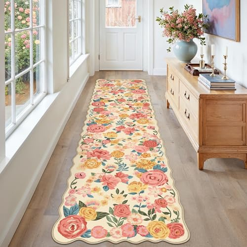 HUGEAR Läufer Flur Teppich 60x240cm Beige Waschbar Teppichläufer Runner | Blumen Blumenmuster Läufer Teppiche,Waschbar Rutschfest,Weich,Boho Neutral Modern,für Schlafzimmer,Küche