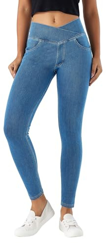 LaiEr V Crossover Skinny Jeans Donna Vita Alta Controllo Pancia Leggings Fitness Casual, Elasticità Morbida Stampa Denim Finto Casual con Tasche Laterali.(Blu Chiaro L)