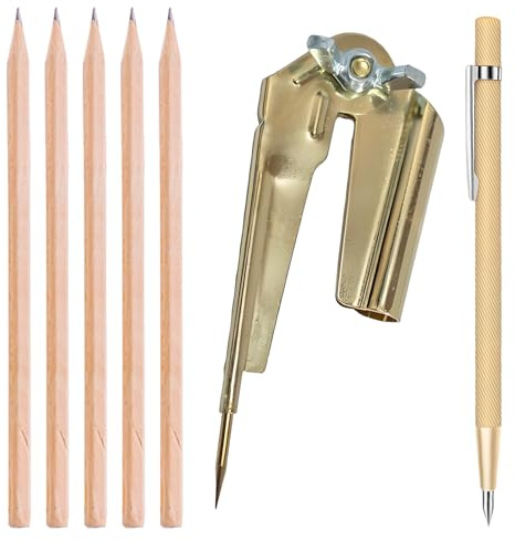 Xiciki Scribe Tool with Tungsten Carbide Tip, Woodworking Compass Scriber Kit with 1 Tungsten carbide tip scriber 4 Wooden Pencils for Drawing, Drafting, Geometry, Multi-Function Scribing Tool (7 Pcs)