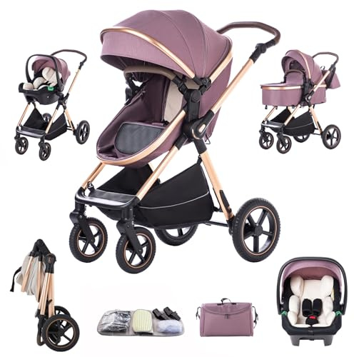 Shineey kinderwagen 3 in 1 Buggy Babybett Komplett Set Einem Klick Zusammenklappbarer Kinderwagen, 3 in 1 KombiKinderwagen Aluminiumrahmen für Neugeborene (D2-Purple, H2-D)