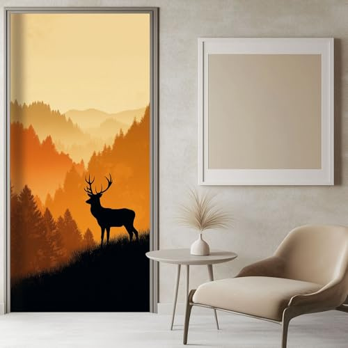 Tür Tapeten 3d Selbstklebend Berge Hirsch Silhouette - Türtapete Türposter Türaufkleber Vinyl Türfolie Orange Farbe Diy Wandbild Wohnzimmer Schlafzimmer Badezimmer 77x200 cm