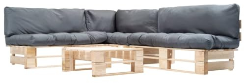 RCODSSK 4-TLG. Paletten-Lounge-Set mit Kissen in Grau, Garten-Palettensofa, Outdoor-Loungesofa für Terrasse und Garten