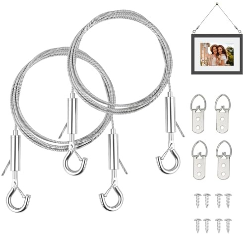 2PCS Heavy Duty Picture Hanging Wire with Hooks, 2m/78in Stainless Steel Mirror Hanging Wire Rope for Photo Frames, Potted Plants & ChandeliersHold Up to 66lbs(30kg)