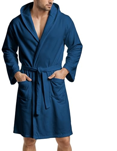 PETTI Artigiani Italiani Microfibre Bathrobe Men Women with Hood, Pockets, Belt, Unisex Quick Drying for Gym, Pool, Beach, Spa, Navy Blue, XXL