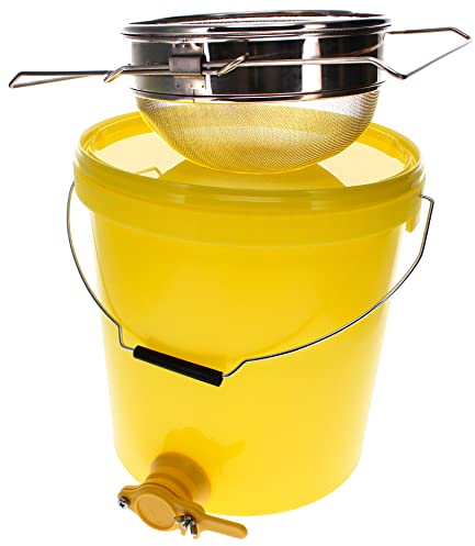 Germerott Bienentechnik Abfülleimer Profi 25 kg mit Quetschhahn Plus Edelstahl Doppelsieb zum Sieben des Honigs im Set