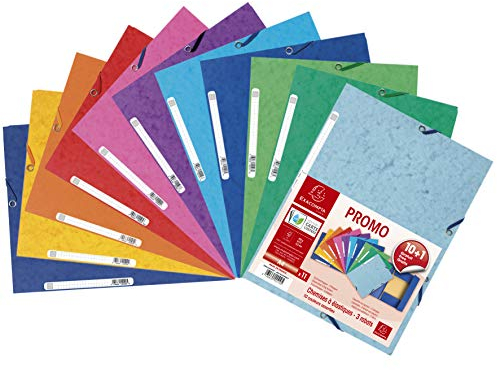 Exacompta 55510AMZE 11er Pack Einschlagmappe, aus extra starkem Colorspan-Karton mit 3 Innenklappen und 2 Gummizügen DIN A4 farbig sortiert Sammelmappe Dokumentenmappe für Büro und Schule