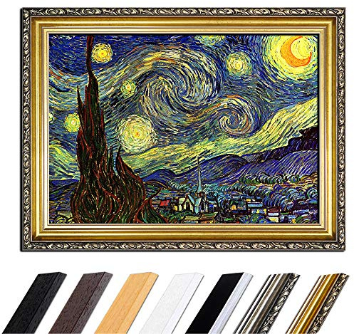 Bilderdepot24 Bild mit Rahmen - Vincent van Gogh Sternennacht 80x60 cm - Gerahmtes Leinwandbild Alte Meister - Antiker Rahmen Gold Barock, Klassisch