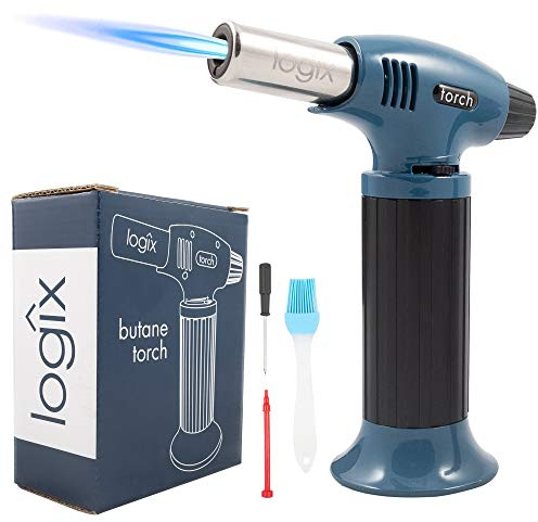 Butane Torch Lighter, Kitchen Torch for Caramelizing, Searing, Refillable with Safety Lock, Adjustable Dual Flame for Welding, Industrial, Resin Art, Gifts for Him, Gifts for Her, Blue Logix 20910