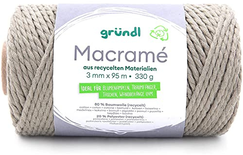 Gründl Wolle - Makramee Garn - Macrame Baumwollgarn - 70% recycelte Baumwolle, 25% Polyester, 5% restliche Fasern - 330 g, 95 m - Khaki