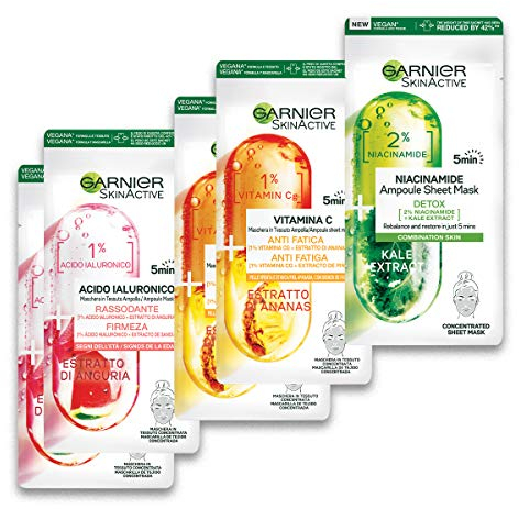 Garnier, Mascarilla de tela, 5 mascarillas de tejido faciales, cada una con un efecto diferente, ampollas en mascarilla de tela, hidratante, paquete de 5