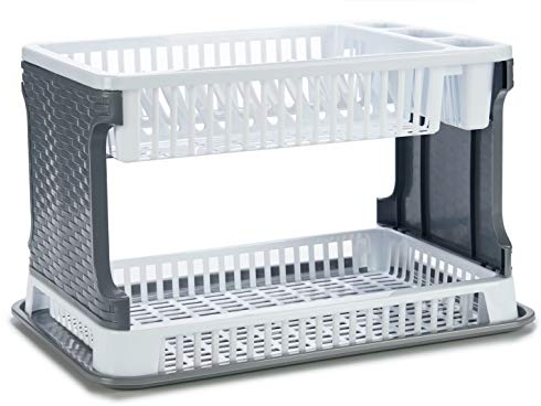 TIENDA EURASIA® Scolapiatti in plastica, scolapiatti 2 altezze con vassoio, texture rattan, grande capacità e resistenza, 30,3 x 8,5 x 44,5 cm (bianco)