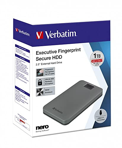 Verbatim Executive Fingerprint Secure HDD - 1TB - Grey - External Hard Drive with Fingerprint Reader - USB 3.1 GEN 1 - for Windows & Mac OSX - Portable Hard Drive - USB-C Hard Drive 53652