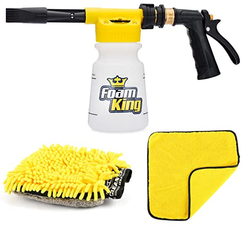 Foam King™ Foam Gun Car Wash + Microfiber Wash Mitt + Detailing Towel - Connects to Garden Hose - Ultimate Scratch Free Cleaning - Snow Foam Blaster Foam Cannon Car Washing Kit | Garden Hose Attachment, 6 Settings + Rinse Mode, Fits 3/4 in 5/8 in 1/2 in Hoses, Microfiber Towel, Threaded Connector