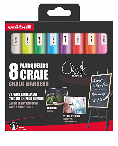Uni-Ball 186212 - Set de marqueurs pour fenêtres et craies, 8 marqueurs à craie PWE-5M, crayons à craie 1,8-2,5 mm pointe ogive
