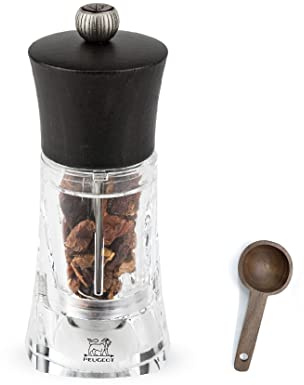Peugeot - Oleron Manual Mill Chili Mill - Transparent Adjustable Grinder - Acrylic and Beechwood, Chocolate, 5.5 Inches - With Wooden Spice Scoop Spoon