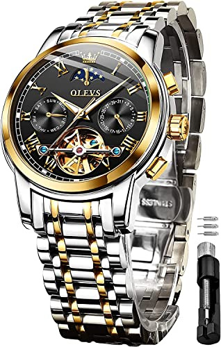 OLEVS Men's Watches Automatic Mechanical Stainless Steel Moon Phase Waterproof Date Luminous Tourbillon Wrist Watch for Man