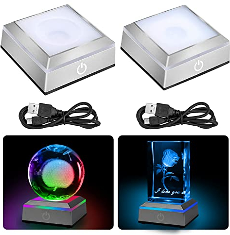 EEEKit LED Light Base for Crystal, 2 Pack 6 Colour Square Light Display Pedestals Stand for 3D Glass Art Flat Concave Base